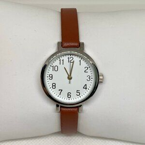 FMD women’s watch silver tone 26mm round case quartz brown leather band running